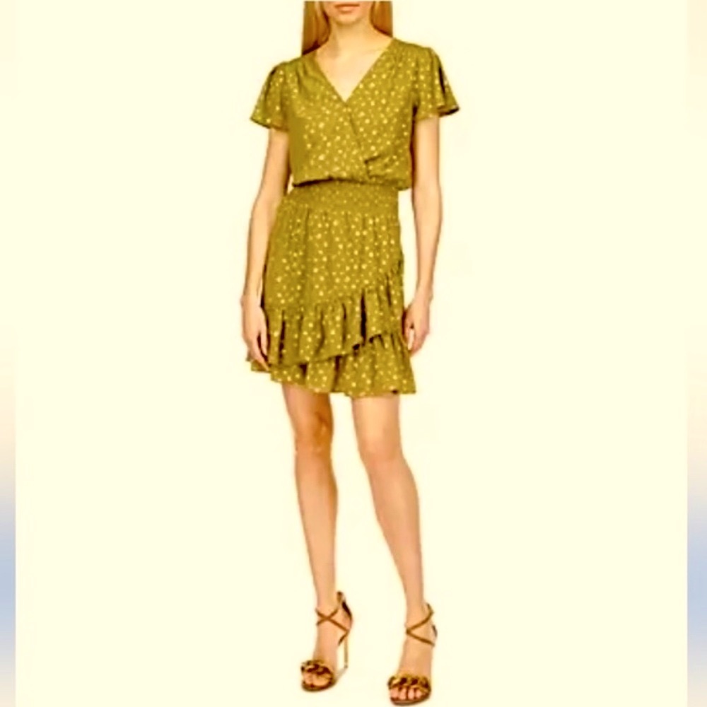 NWT Michael Kors Foil Floral Print Faux Wrap Dress Size XS Olive & Gold Colors